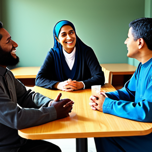 Home 11 **Interfaith Dialogue:** "A diverse group of people, representing different religions (Christianity, Islam, Judaism, Buddhism), sitting around a table in a bright, modern community center, engaging in friendly conversation, fully clothed, modest clothing, appropriate attire, safe for work, perfect anatomy, natural proportions, professional photography, high quality, family-friendly."