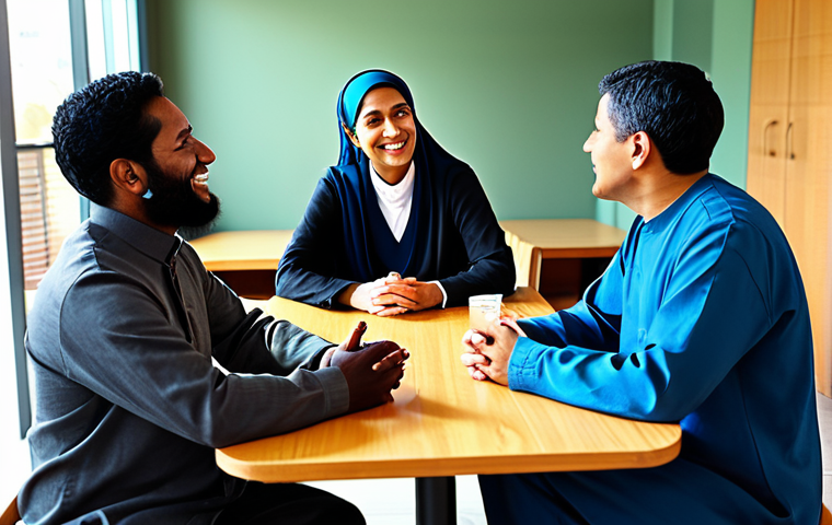 **Interfaith Dialogue:** "A diverse group of people, representing different religions (Christianity, Islam, Judaism, Buddhism), sitting around a table in a bright, modern community center, engaging in friendly conversation, fully clothed, modest clothing, appropriate attire, safe for work, perfect anatomy, natural proportions, professional photography, high quality, family-friendly."