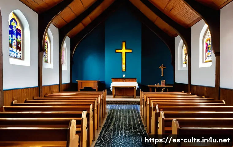 칼뱅주의 교리 핵심 - A serene and contemplative scene inside a traditional Spanish Protestant church, featuring a diverse...