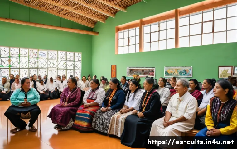 대순진리회의 조직적 운영 - A vibrant scene depicting a diverse spiritual community gathering in a modern cultural center in Mex...