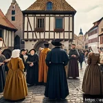Home 21 칼뱅주의와 개신교의 차별점 - A detailed historical scene depicting a 16th-century European town square during the Protestant Refo...