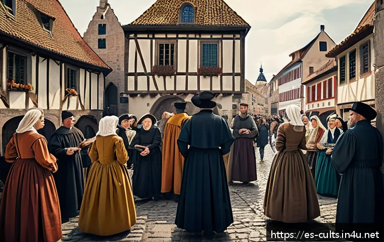 칼뱅주의와 개신교의 차별점 - A detailed historical scene depicting a 16th-century European town square during the Protestant Refo...