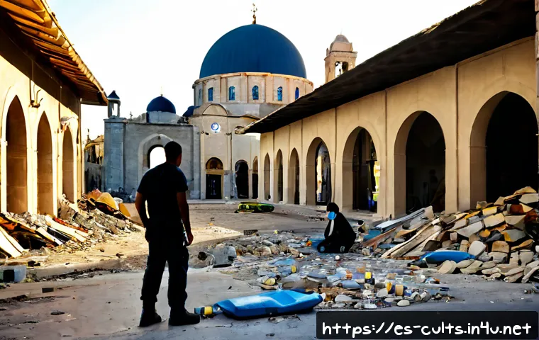종교 전쟁의 현대적 사례 - Photorealistic editorial scene of a modern conflict zone in a Mediterranean city, a damaged mosque d...
